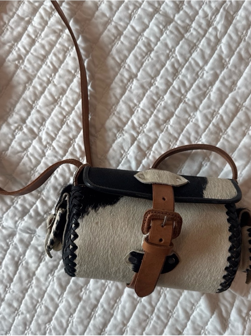 Cowhide Crossbody Bag with Leather Buckle Strap - Black & White
